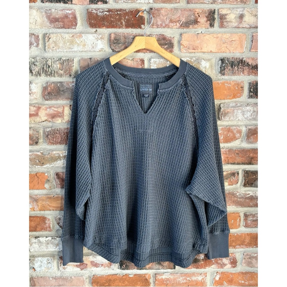American Eagle Big Hug Notch Neck Waffle Knit Long Sleeve Shirt Top, XS